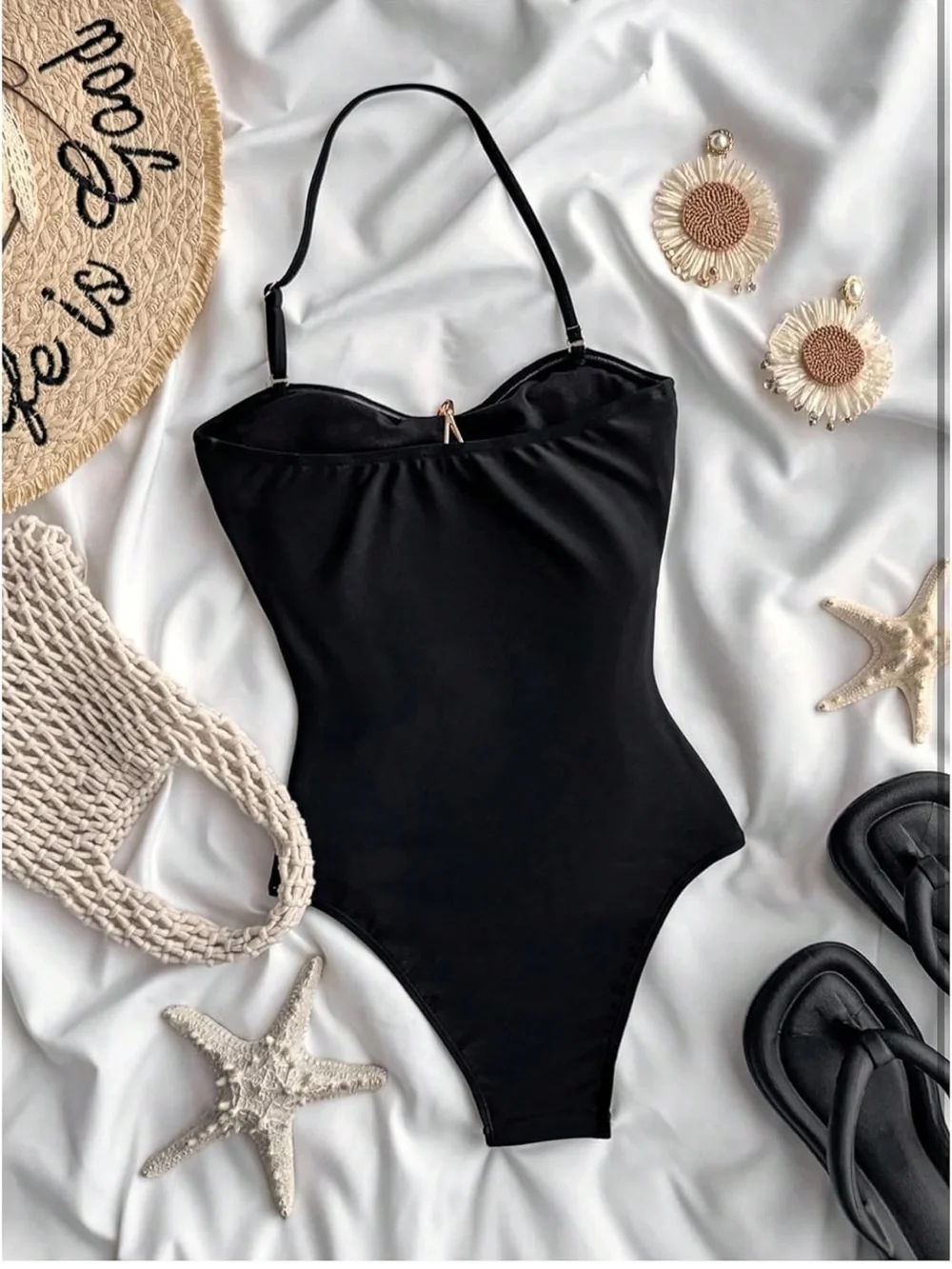 Girl's One Piece Halter Swimsuit Metal Starfish Ruched 13Y 1290/bb2-1